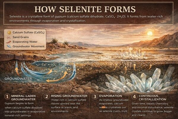 How selenite crystals are formed.